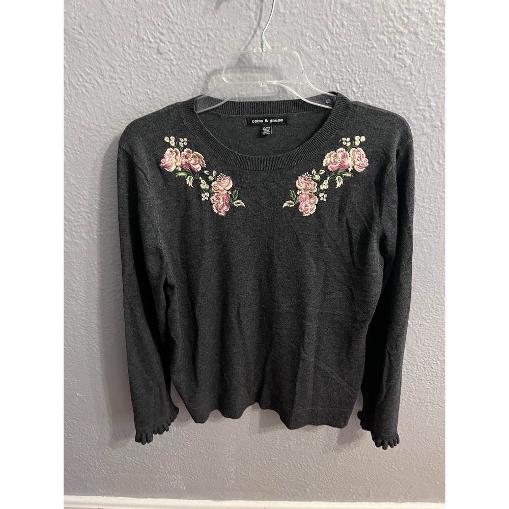 Cable & Gauge Dark Gray Sweater with Pink Rose Embroidery